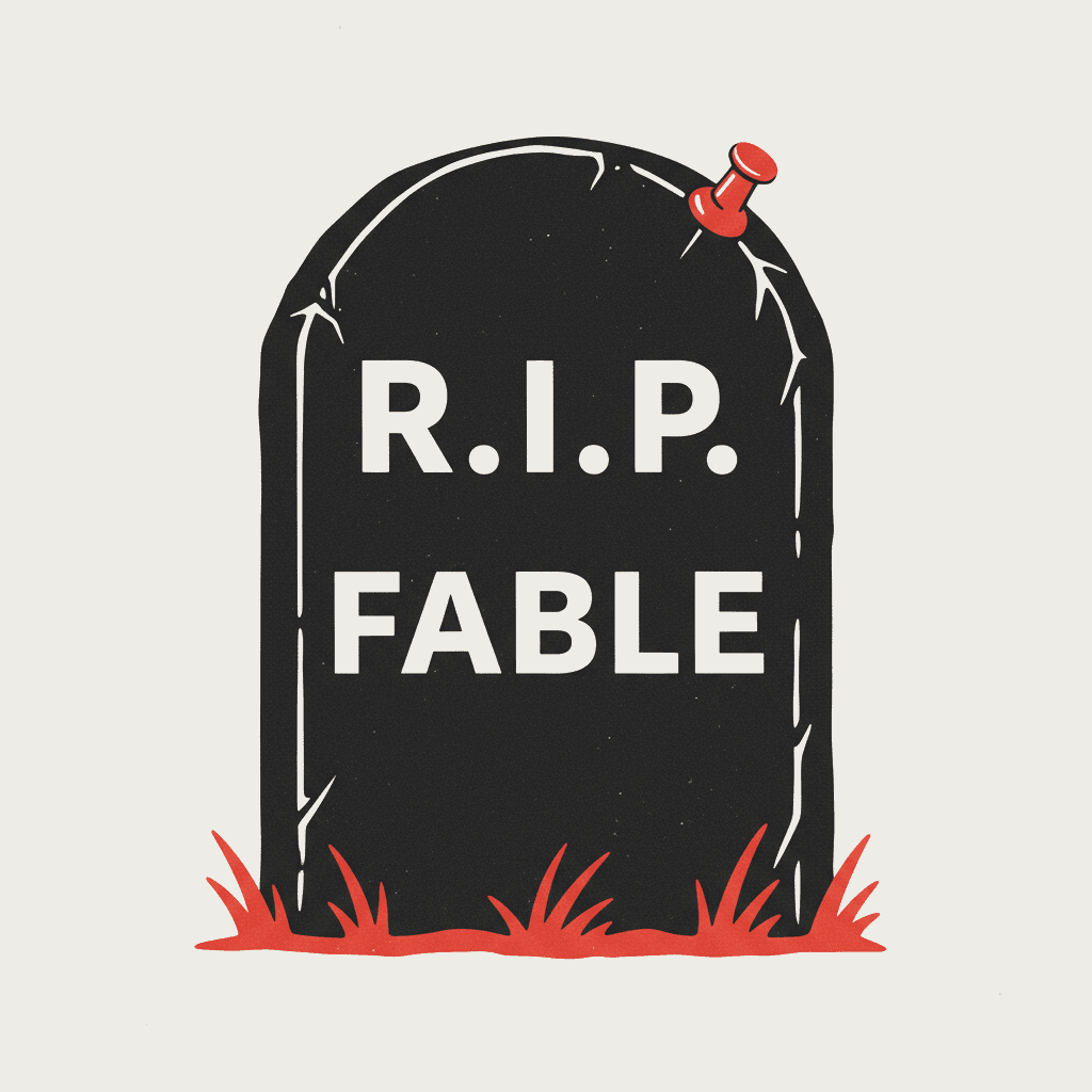 A headstone reading R.I.P. Fable